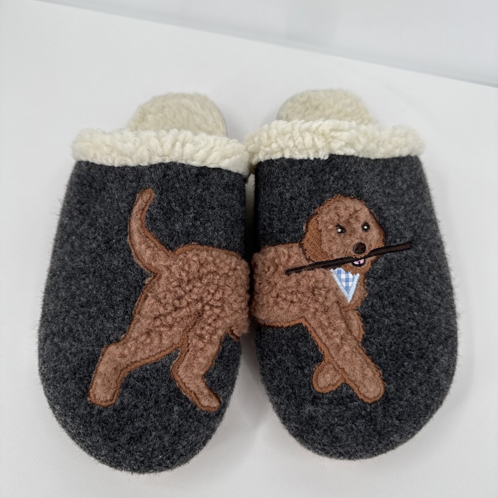 Lands End Women's 7B Sherpa Lined Clog House Slippers Fetching Dog Charcoal